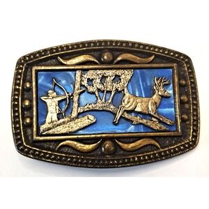 Vintage Brass Belt Buckle Deer Bow Hunting Blue Holographic Marked CII New York